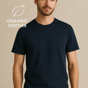 T-shirt Bleu Navy en coton bio, certifié Oeko-Tex 100 Composition 100 % coton . Coupe contemporaine . Type de col rond . Certifié Oeko-Tex 100