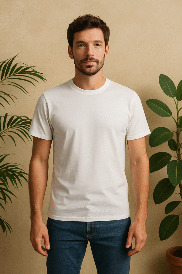 T-shirt jersey Blanc r en coton bio, certifié Oeko-Tex 100 Composition 100 % coton . Coupe contemporaine . Type de col rond . Certifié Oeko-Tex 100